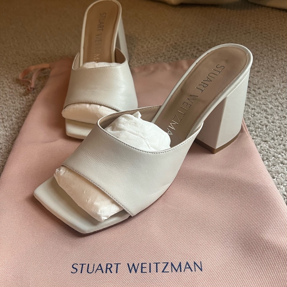 Stuart Weitzman Off-White Block Heel Mules